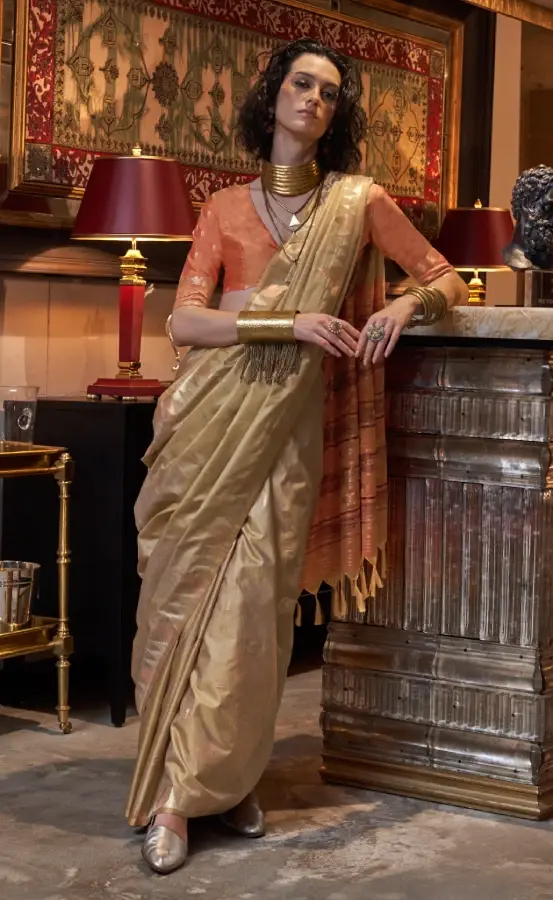 Elegant Golden brown Tussar Silk Saree Ikkat Pallu – Handloom Masterpiec