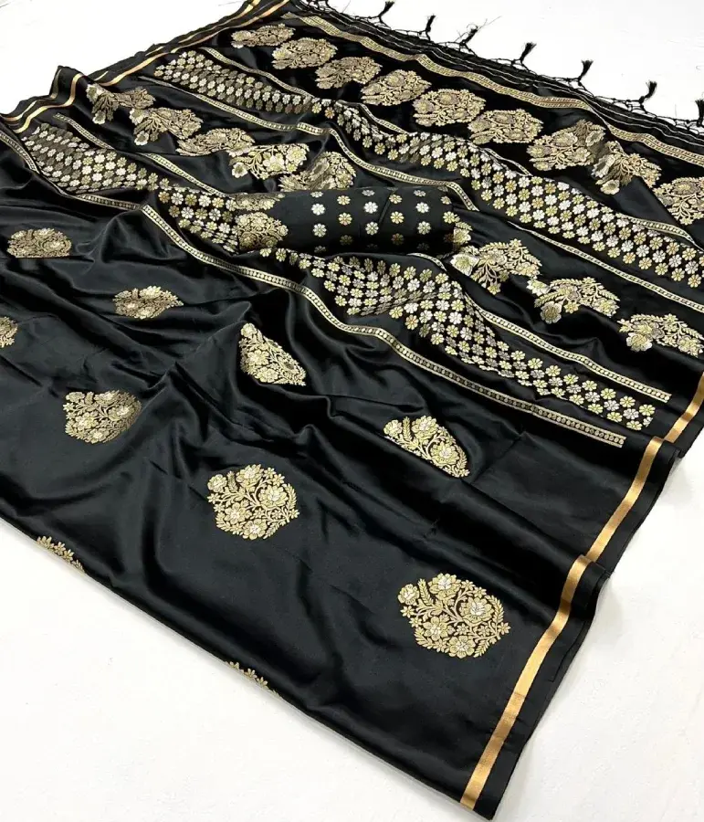 Thumbnail: Black Floral Design Zari Woven Satin Saree With Tassels