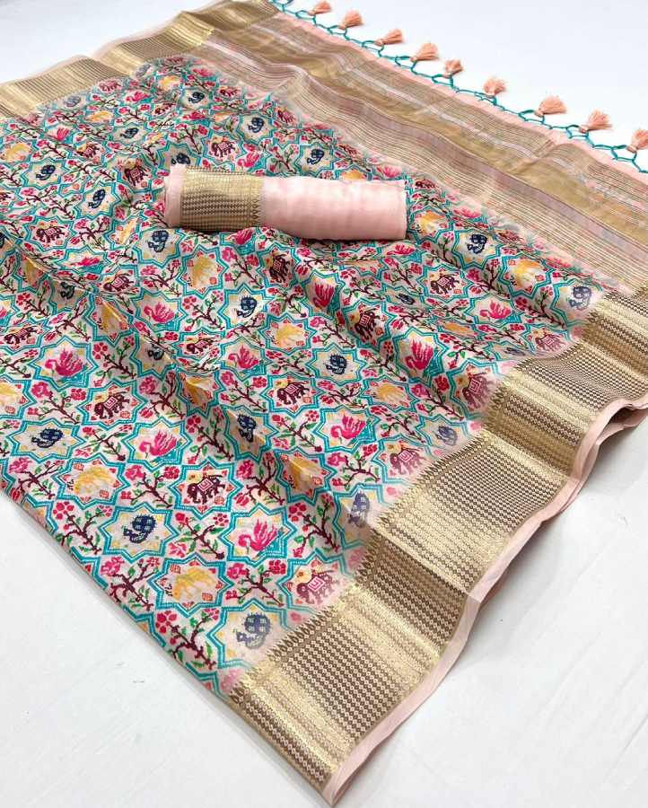 Thumbnail: Colourful Floral Printed Soft Satin Organza  Saree