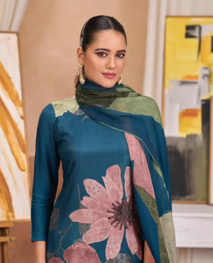 Thumbnail: Blue Soft with Digital Print & Handwork Muslin Unstitched Suit