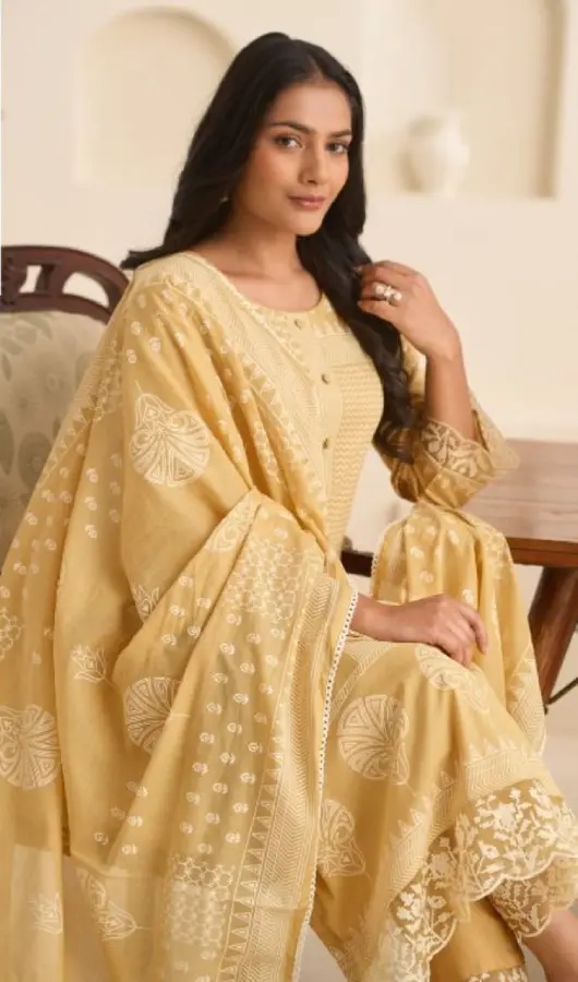 Thumbnail: Yellow Elegant Pure Cotton Embroidered Unstitched Suit
