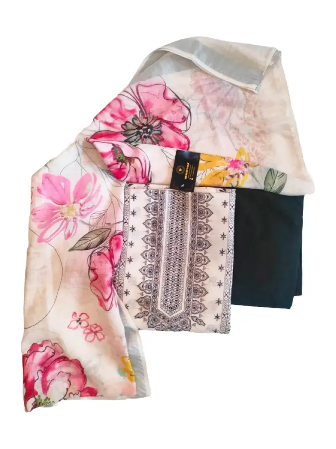 Thumbnail: White & Black Floral Printed Pure Cotton Dress Material