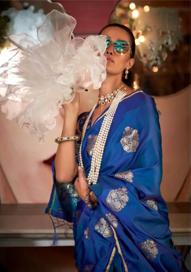 Thumbnail: Blue Floral Design Zari Woven Satin Saree With Tassels