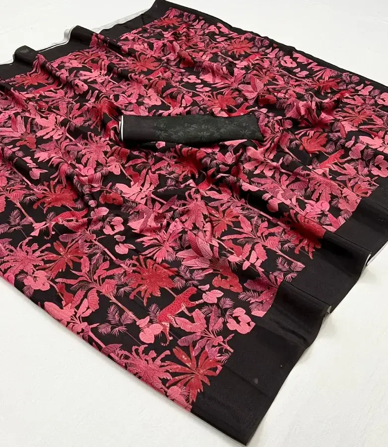 Thumbnail: Black and Red Digital Printed Pure Silk Crepe Saree