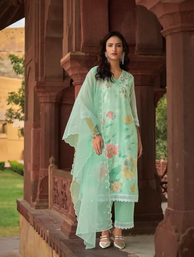 Thumbnail: Summer Green Silk Embroidered  Readymade Pant Suits