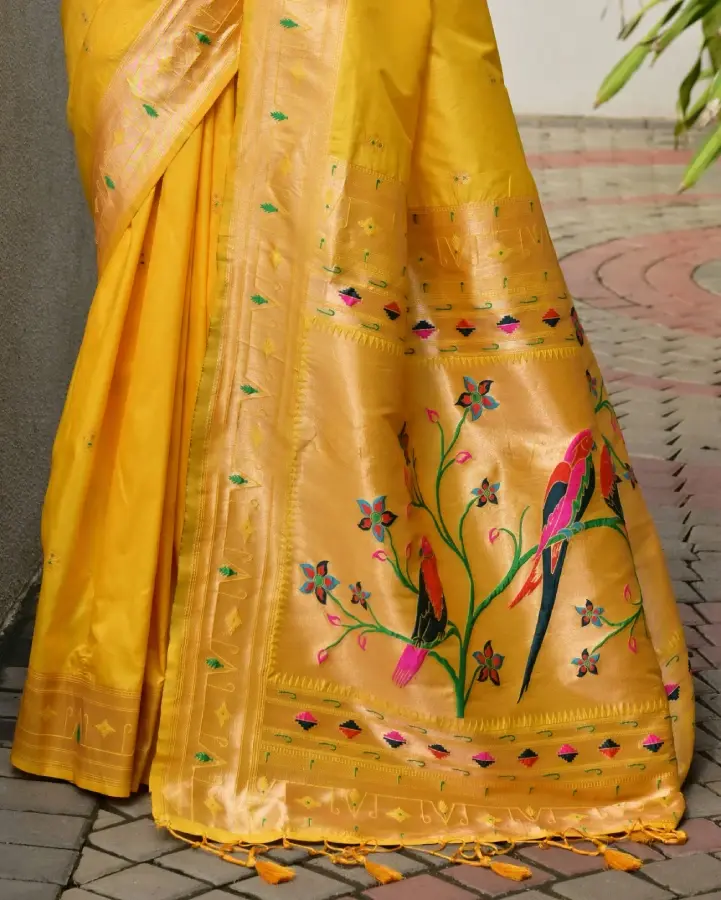 Thumbnail: Yellow Paithani Silk Saree Meenakari Paithani Pallu, Pure Zari Woven Border