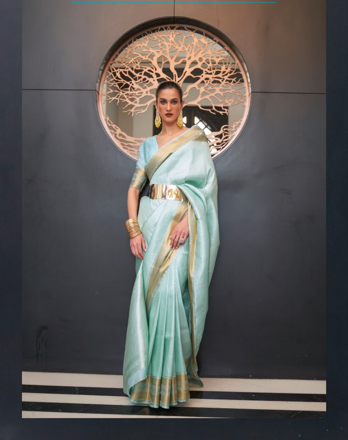 Thumbnail: Women's Aqua Blue Kanjivaram Silk Saree