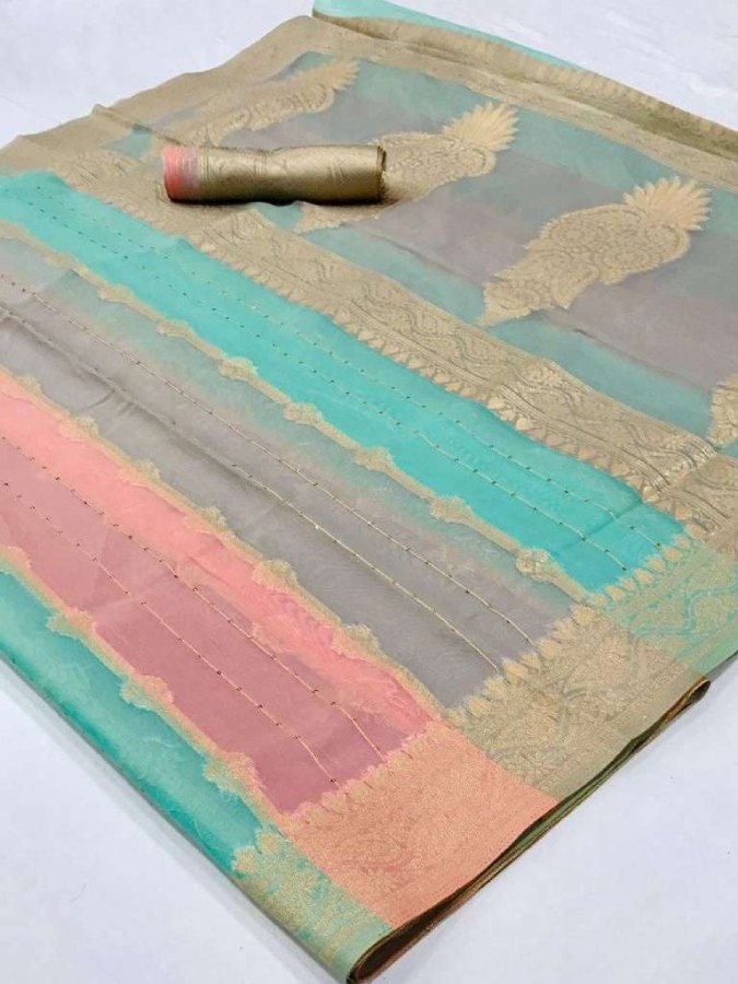 Thumbnail: Grey and Pink Zari Woven Pure Handloom Organza Silk Saree