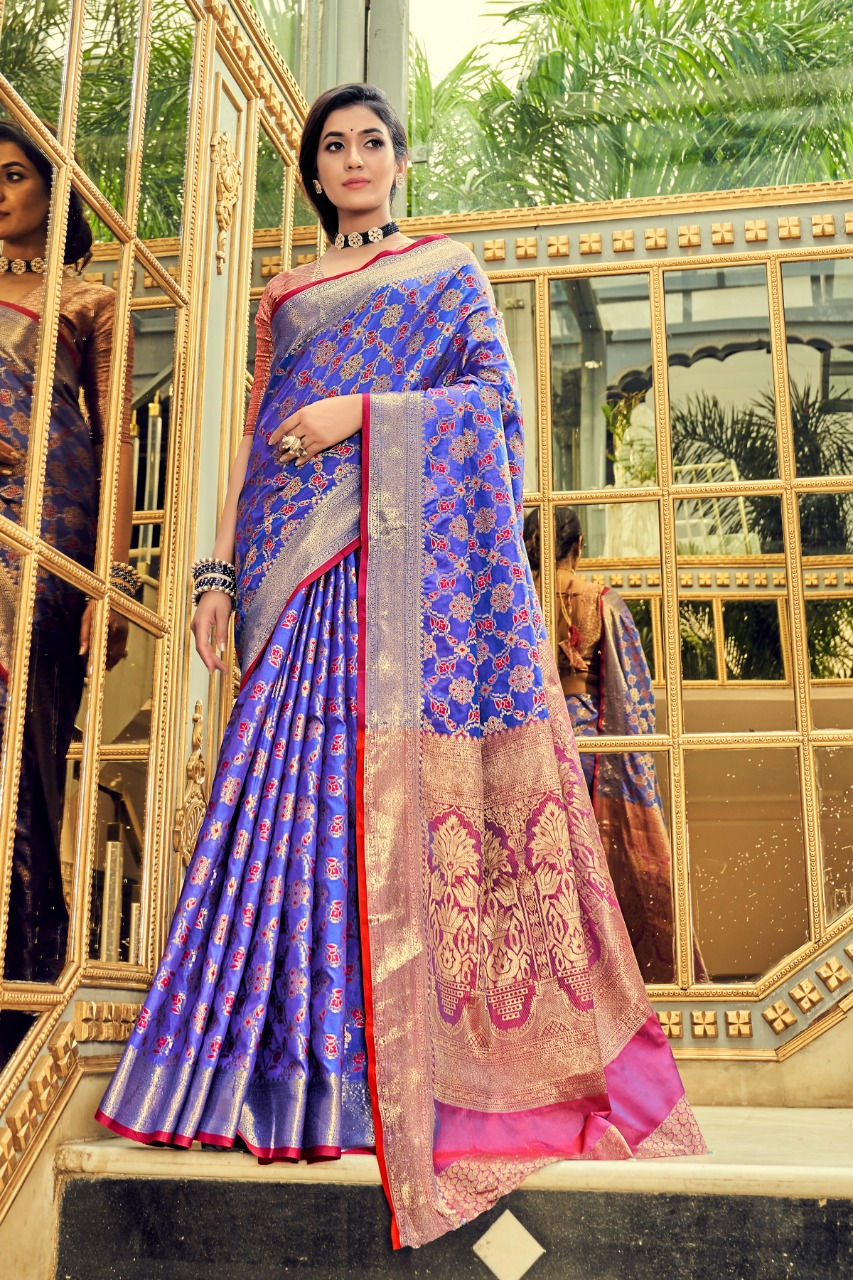 Weaver Saga Women's Indigo Blue Woven Banarasi Silk Saree