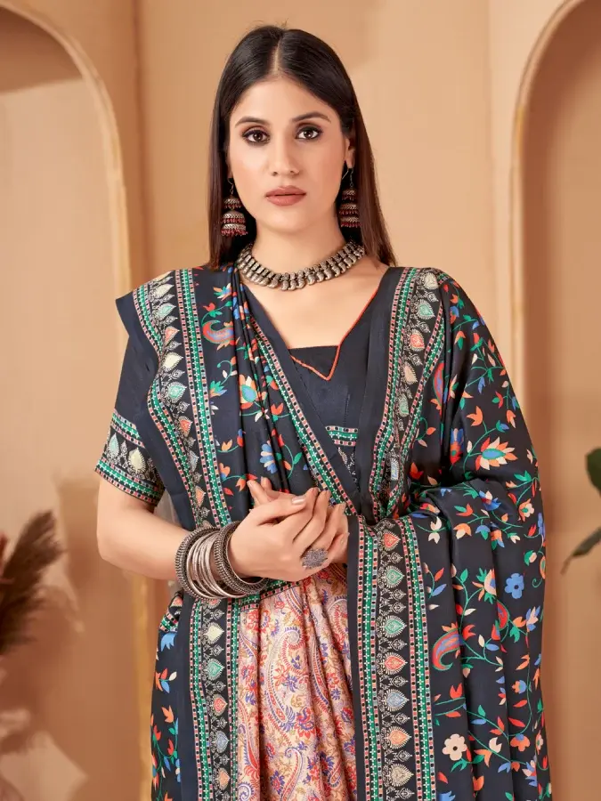 Thumbnail: Black Paisley And Floral Pattern Kani Pashmina Saree With Tassels Palla Shawl