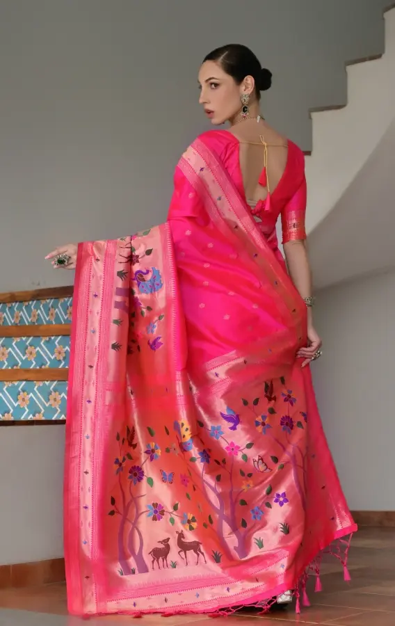 Thumbnail: Pink Paithani Silk Saree with Meenakari Weaves & Pure Zari Big Border