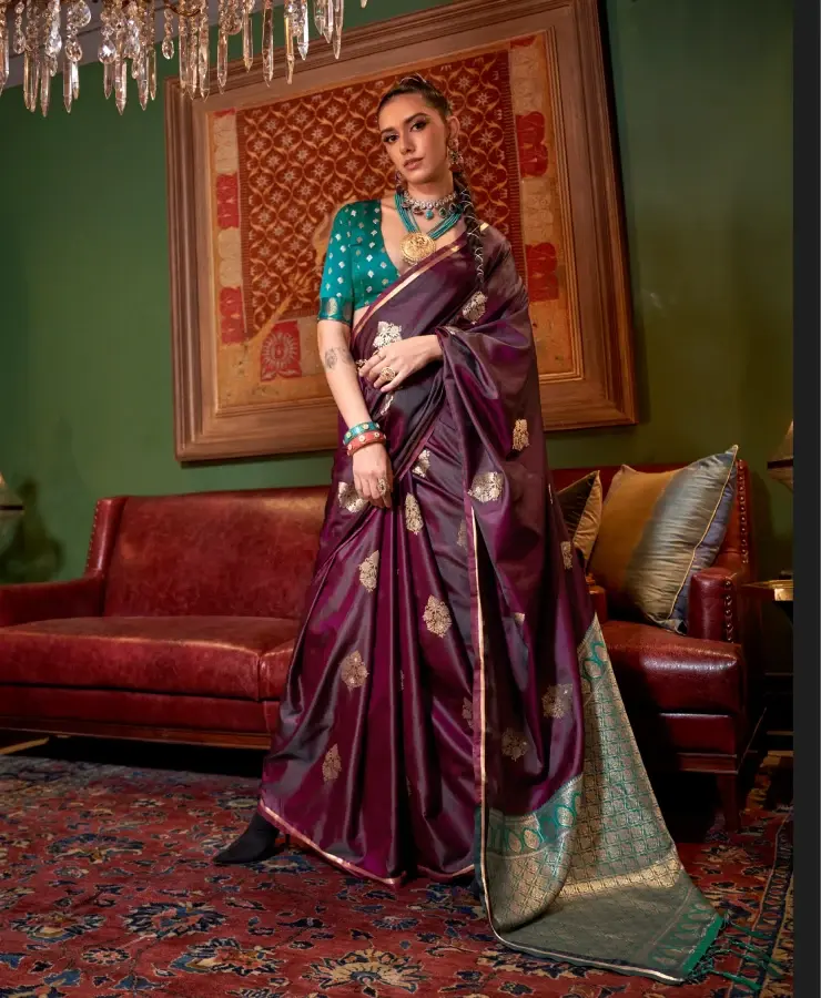 Thumbnail: Burgundy Satin Dual Tone Silk Saree