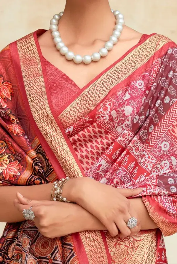 Thumbnail: Pink Banarasi Printed Silk Saree