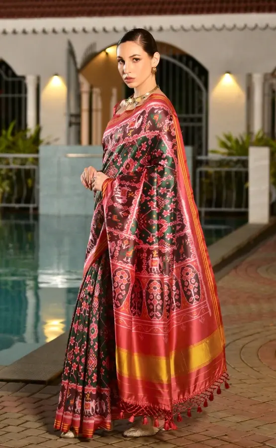 Thumbnail: Bottle Green Banarasi Silk Patola Saree Lagdi Patta Pallu & Rajkoti Ikkat Print