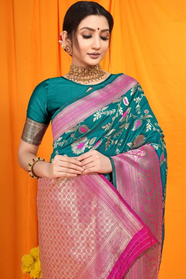 Thumbnail: Teal Banarasi Silk Saree