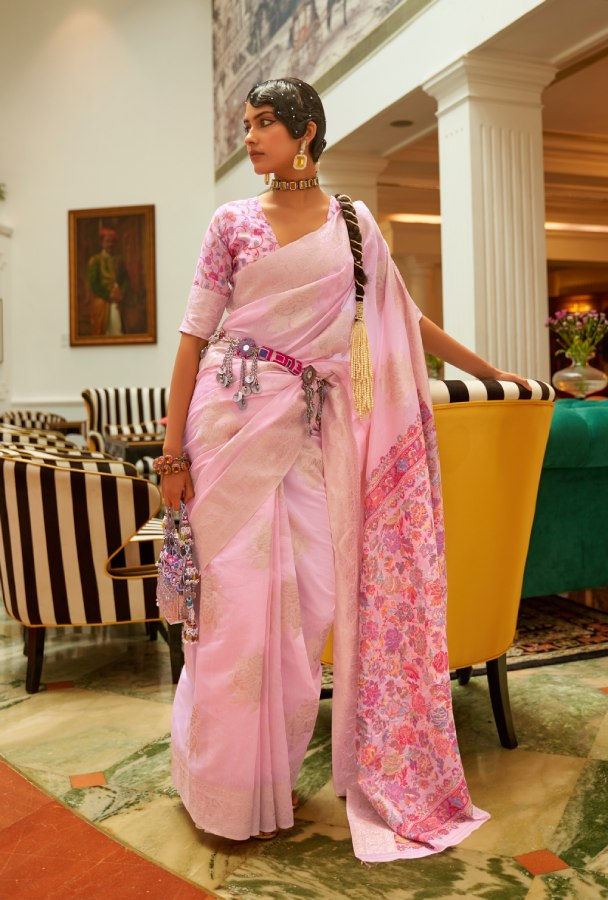 Women's Pink Kashmiri Handloom Weaving Silk Saree