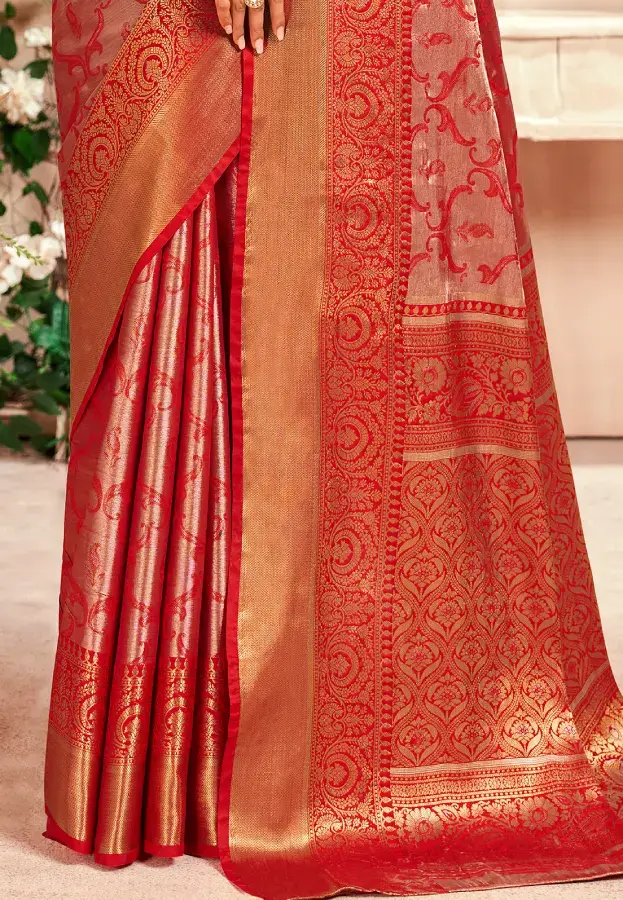 Thumbnail: Dharmavaram Red Banarasi Silk Saree with Intricate Zari Weaving