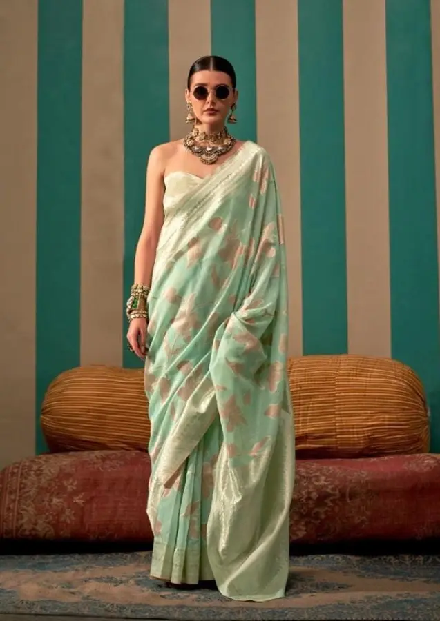 Sea Green Woven Banarasi Linen Saree