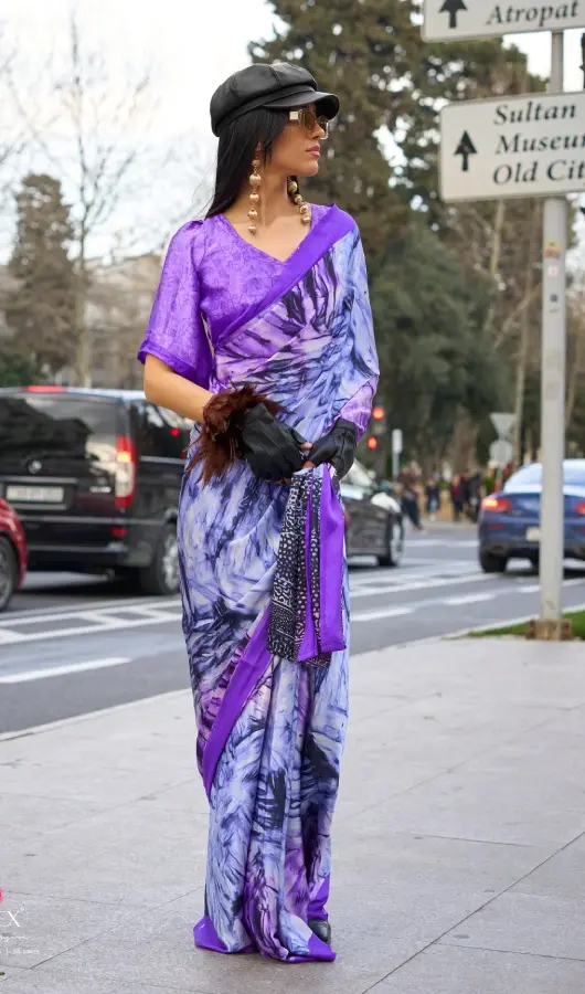 Purple Printed Satin Crepe Saree – Printed Design