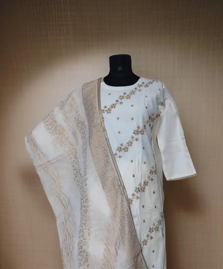 Thumbnail: Off White Pure Cotton Readymade Pant Suit