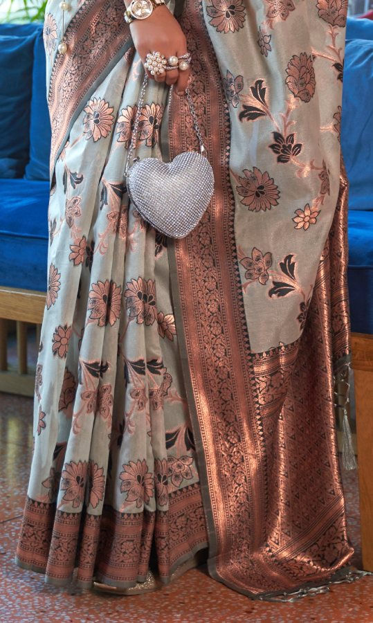 Thumbnail: Women's Bright Grey Organza Silk Saree With Engaging Blouse Piece
