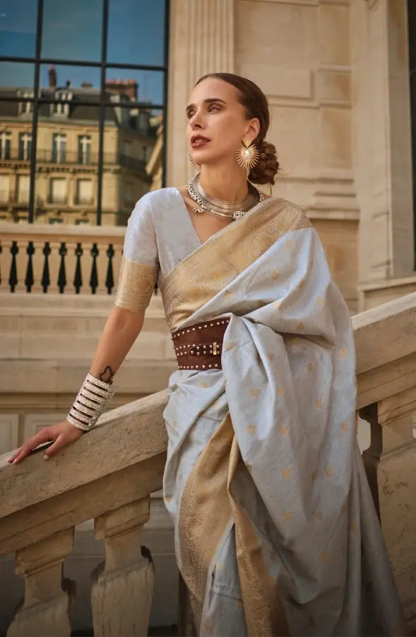 Thumbnail: Pastel Grey Handloom Weaving Khadi Silk Saree with Blouse