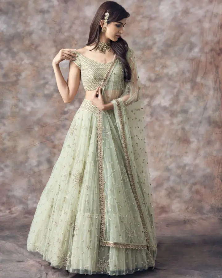 Thumbnail: Enchanting Net Lehenga Set with Satin Silk Blouse: A Glamorous Statement