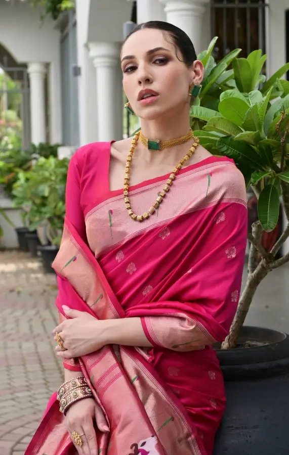 Thumbnail: Pink Firozi Paithani Silk Saree Meenakari Pichwai Pallu, Zari Woven Munia Border
