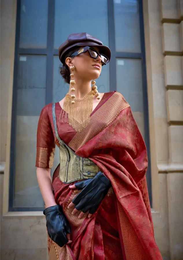 Thumbnail: Rustic Brown Handloom Organza Saree with Gold Border
