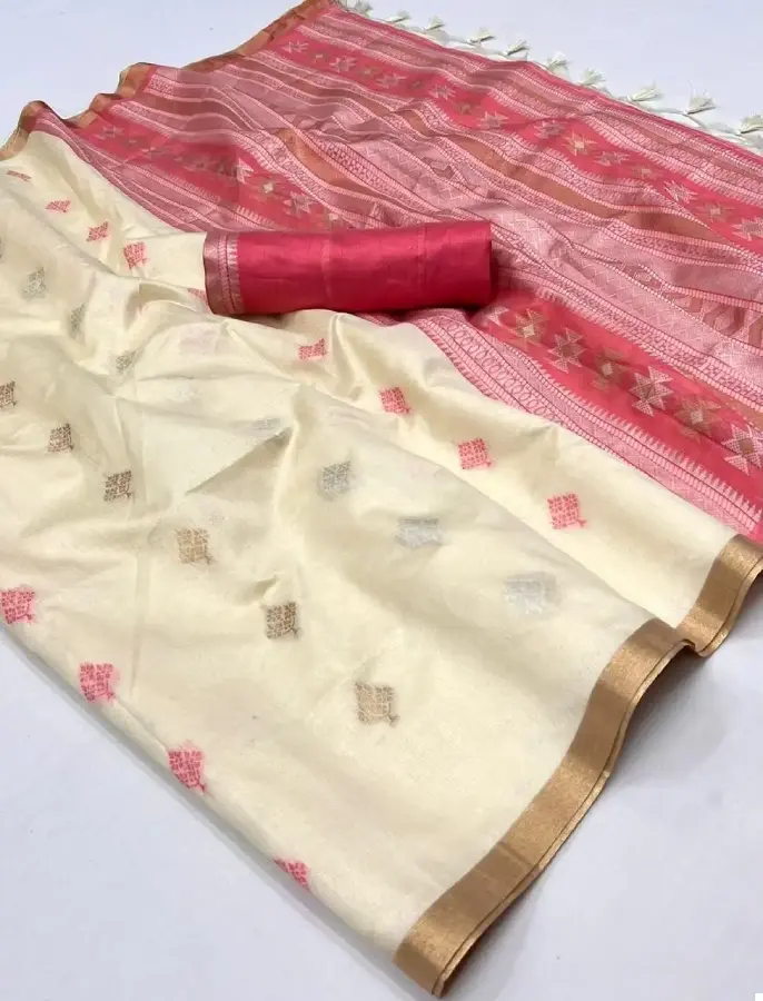Thumbnail: Off White Banarasi Silk Saree With Blouse Piece