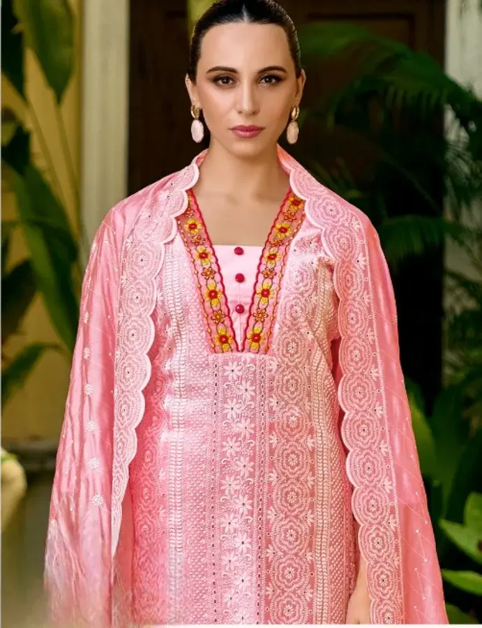 Thumbnail: Pink Silk Chikankari Embroidered Readymade Pant Suits