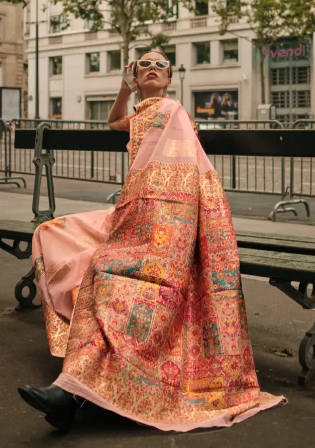 Thumbnail: Women's Peach Kashmiri Modal Handloom Saree