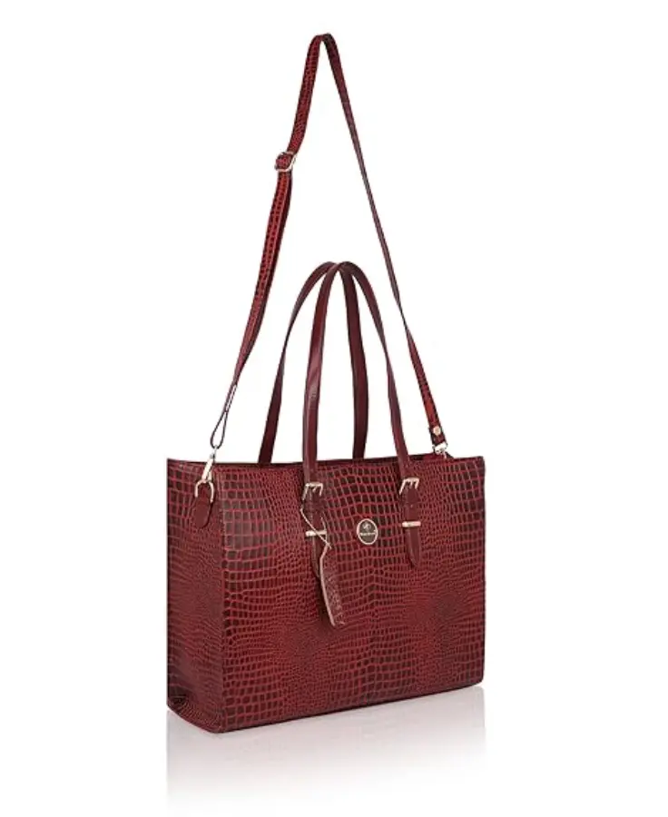 Thumbnail: Maroon Crocodile-Embossed Genuine Leather Tote Bag