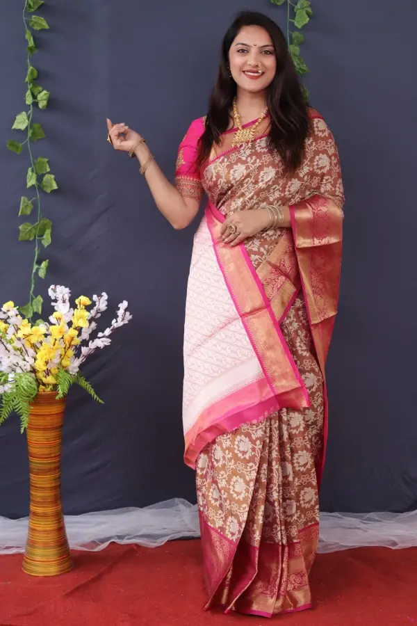 Brown Kanchipuram Silk Saree With Unstitched Blouse