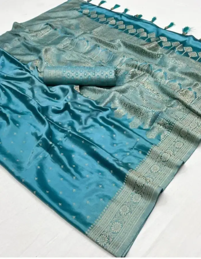 Thumbnail: Turquoise Soft Banarasi Nylon Satin Silk Saree