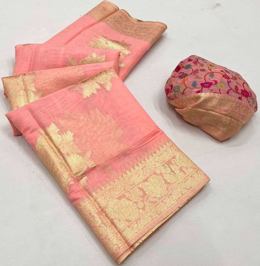 Thumbnail: Women's Peach Kashmiri Handloom Weaving Silk Saree