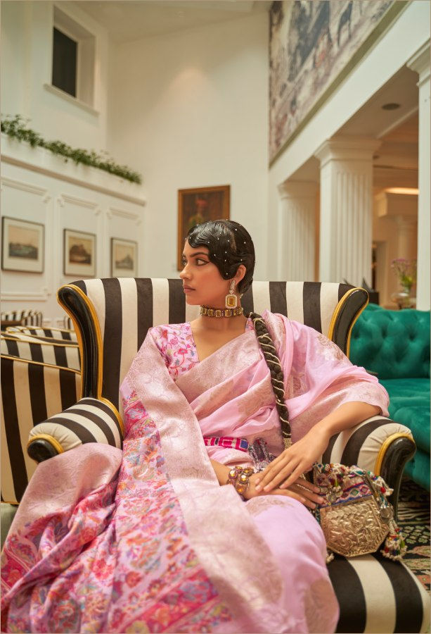 Thumbnail: Women's Pink Kashmiri Handloom Weaving Silk Saree