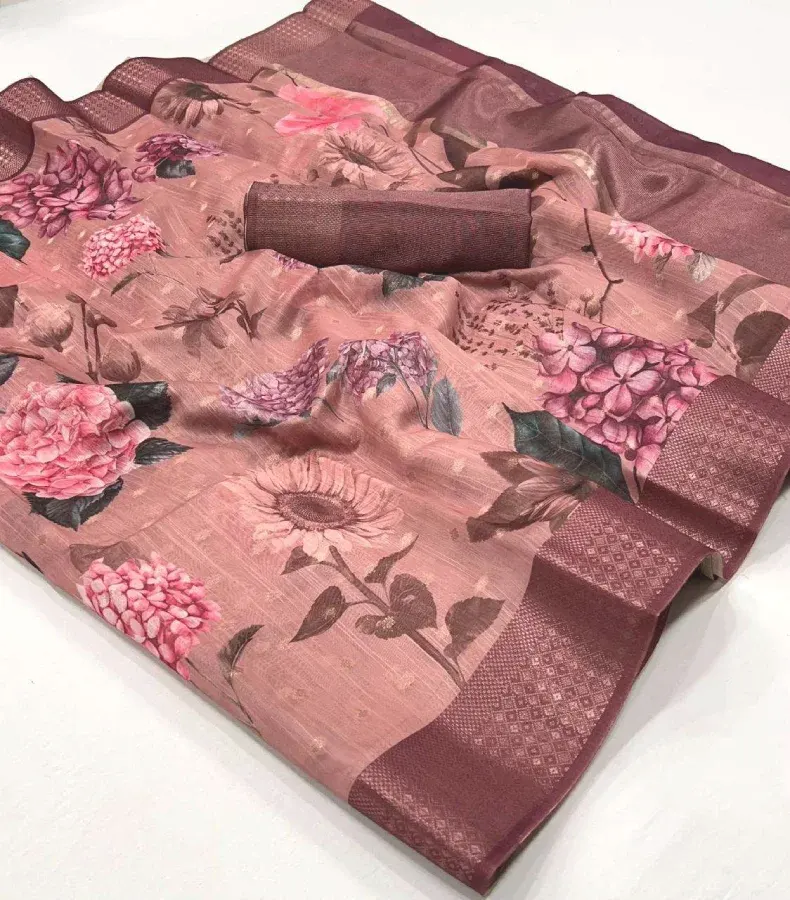 Thumbnail: Elegant Mauve Linen Saree with Digital Prints & Zari Lace Border