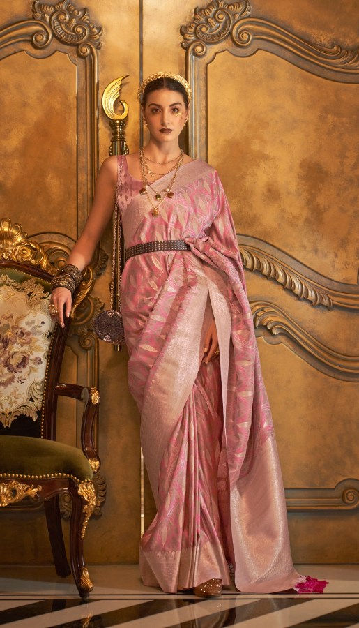 Women's Bright Peach Satin Silk Banarasi weaving Saree