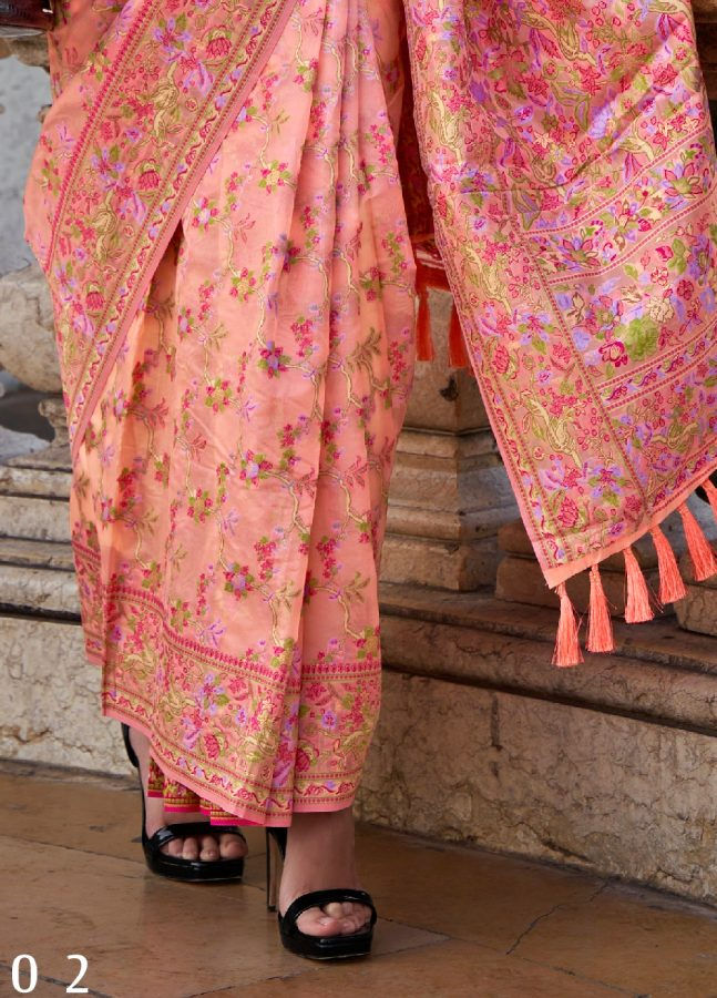 Thumbnail: Women's Peach Organza Parsi Handloom Weaving Saree