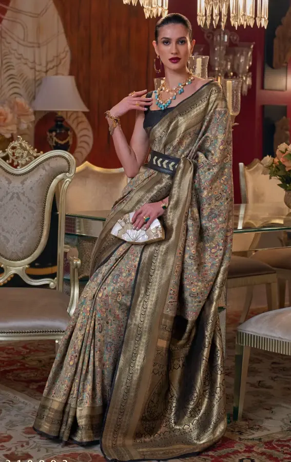 Grey Kashmiri Chaap Handloom Weaving Saree