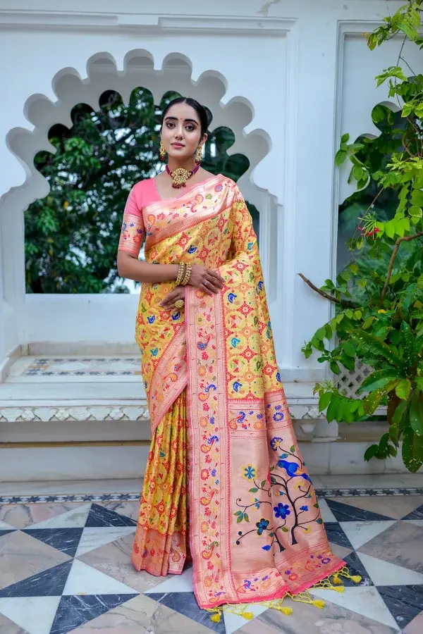 Women's Yellow Meenakari Zari Woven Paithani Silk Saree