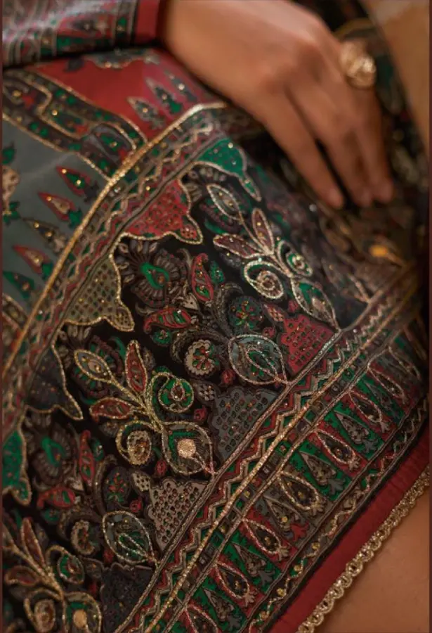 Thumbnail: Regal Black Viscose Muslin Suit with Digital Prints and Handcrafted Embroidery
