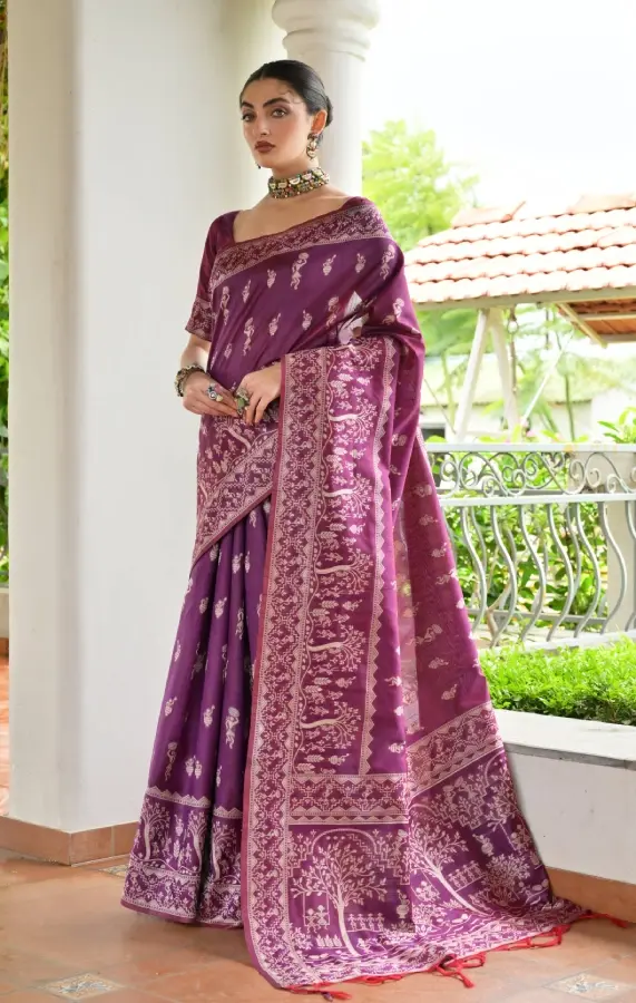 Thumbnail: Wine Purple Handloom Raw Silk Saree with Woven Kalamkari Pallu Intricate Thread