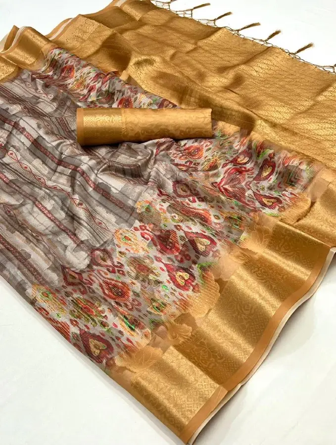Thumbnail: Steel Grey Floral Woven Brasso Saree With Tassels