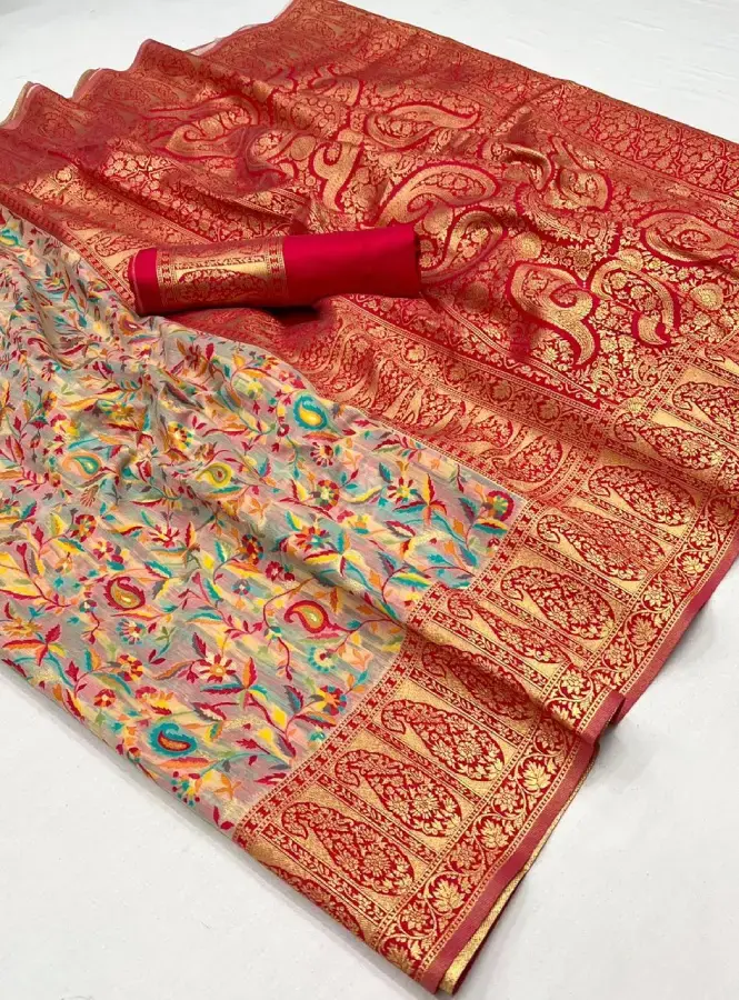Thumbnail: Pink Banarasi Kashmiri Modal Silk Saree With Blouse Piece