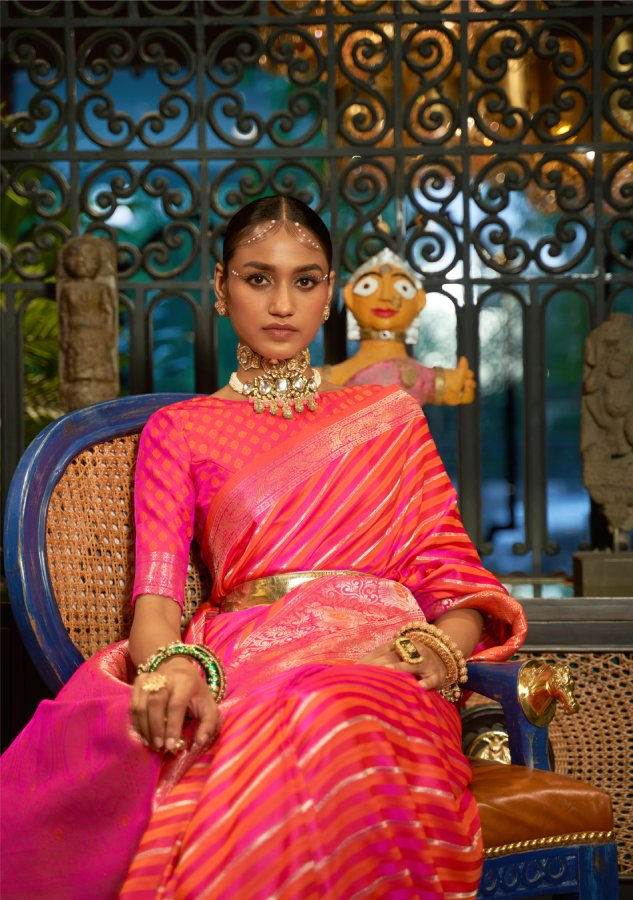 Thumbnail: Women's Classic Pink Woven Satin Saree With Tassels