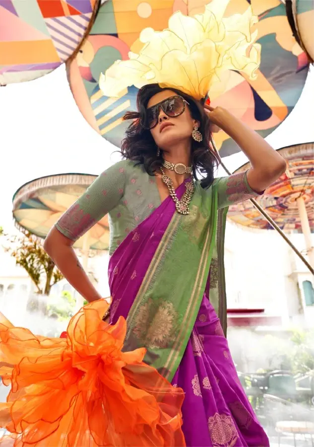 Thumbnail: Purple and Green Dual Tone Katan Handloom Silk Saree