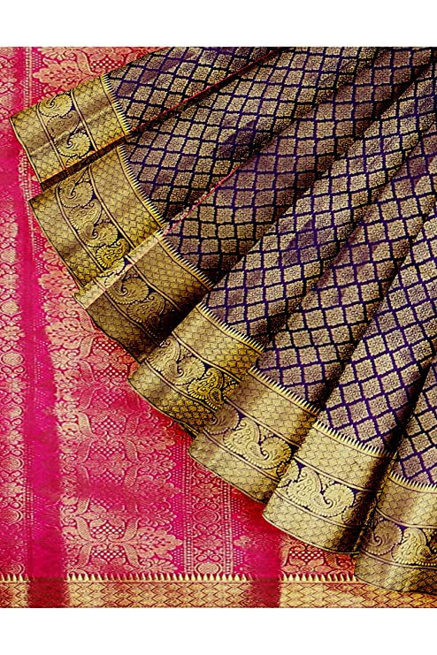 Thumbnail: Women's Pure Banarasi Silk Purple Colour Saree With Unstitched Blouse