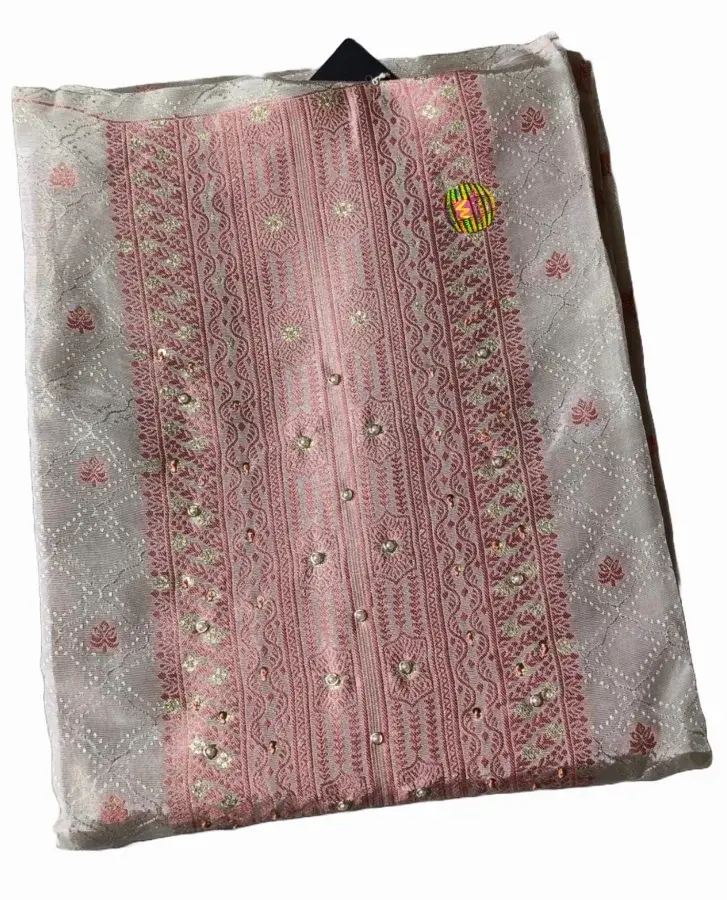 Thumbnail: Off White Pure Shimmer Jacquard Embroidered Pink Dupatta Unstitched Suit